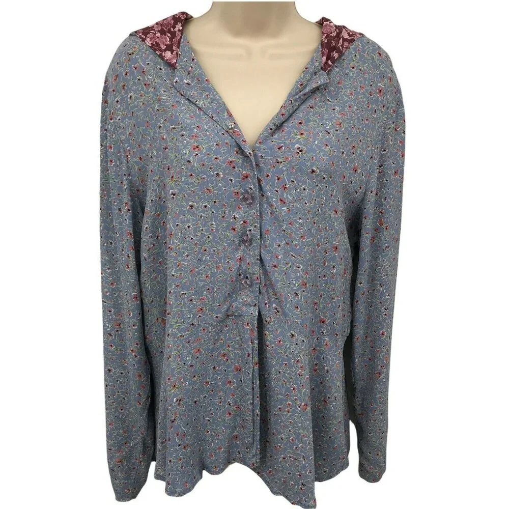 Zoe Womens Long Sleeve Floral Casual Button Front Blue Blouse Top Size Medium